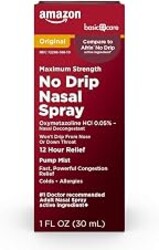 Amazon Basics No Drip Nasal Spray, 12 Hour Nasal Decongestant, Pump Mist, Oxymetazoline HCl, Cold and Allergy Nasal Spray, 1 fl oz (Pack of 1) (Previously Care)