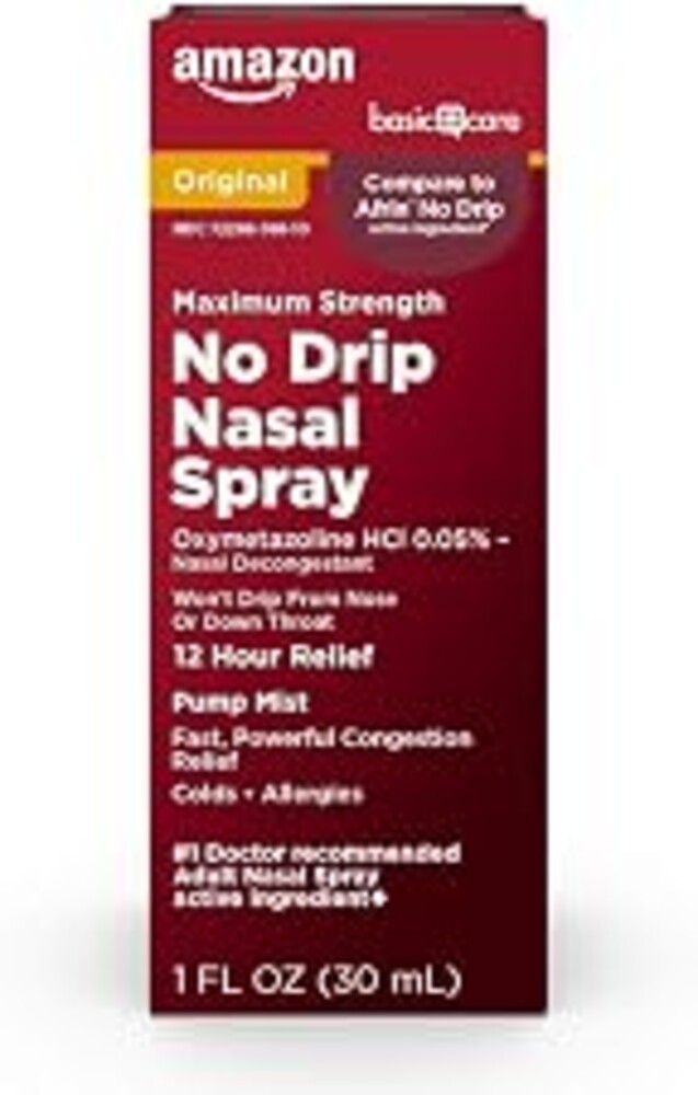 Amazon Basics No Drip Nasal Spray, 12 Hour Nasal Decongestant, Pump Mist, Oxymetazoline HCl, Cold and Allergy Nasal Spray, 1 fl oz (Pack of 1) (Previously Care)