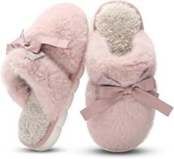 Cute Women's Memory Foam House Slippers- Fuzzy Plush Cozy Shoes with Bow | Fluffy Faux Fur, Anti-Skid Sole Indoor/Outdoor Gifts for Women, Mom, Ladies