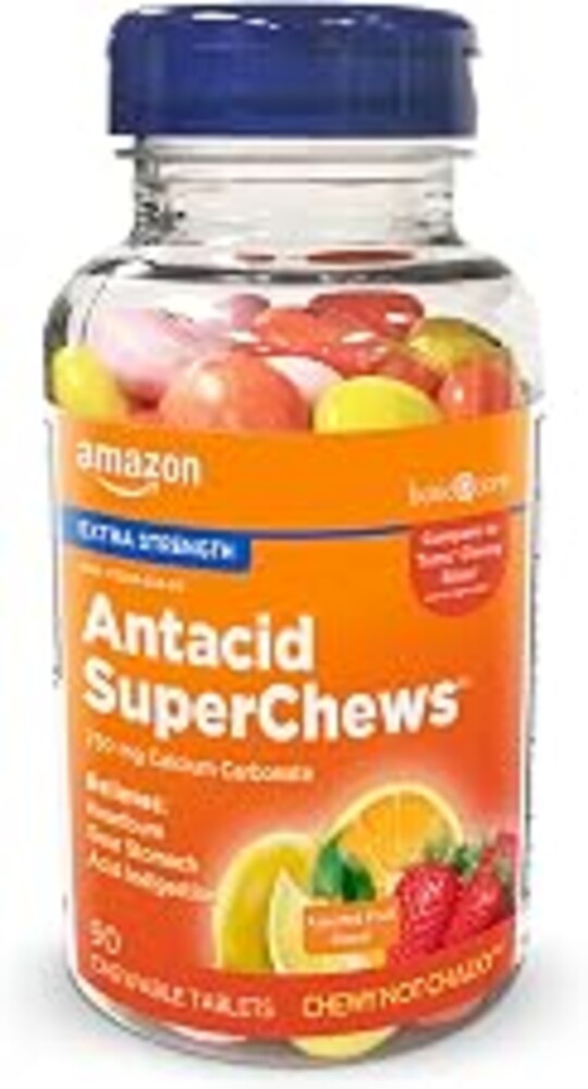 Amazon Basic Care Chewy Bites Chewable Antacid Tablets, Ultra Strength Heartburn Relief, Acid Indigestion, Upset & Sour Stomach, Fast-Acting, Assorted Fruit Flavors, 90 Count