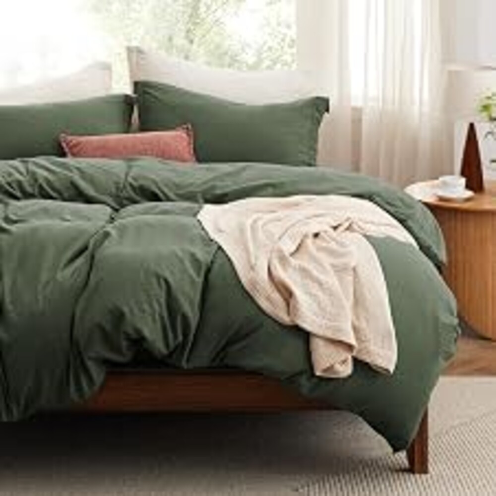 Bedsure Prewashed Duvet Cover King with Fitted Sheet, 4Pcs, Olive Green | 15-Inch Deep Pocket, Ultra Soft, Relaxed Texture, Breathable, Zipper Closure, 8 Corner Ties, Easy Care, Year-Round Use