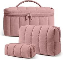 BAGSMART Travel Makeup Bag Set, 3 Pc Puffy Cosmetic Pouch, Dusty Rose | Cute travel makeup bag set organizes cosmetics, toiletries & brushes. Ideal for gym, work, dorm, trips. Great gift for women.