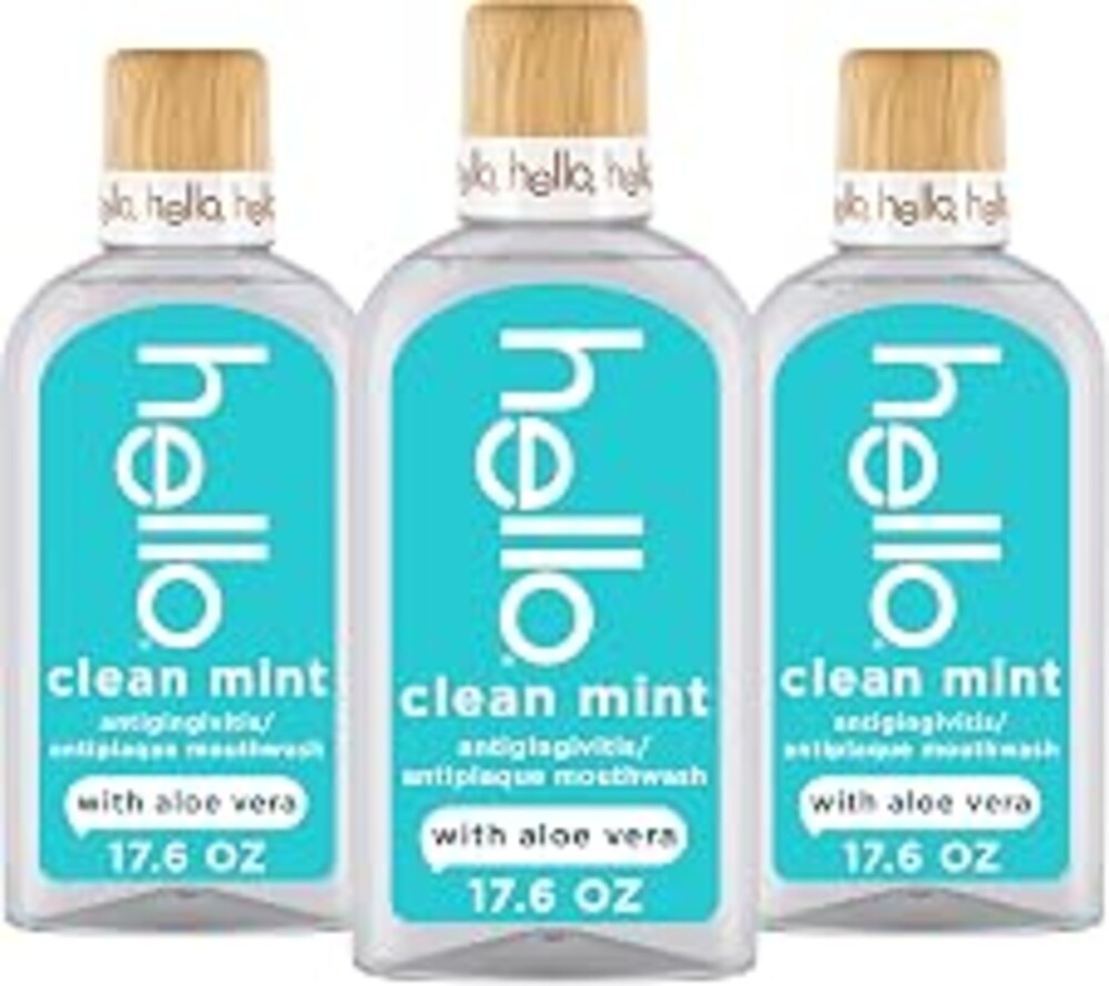 hello Clean Mint Antigingivitis Mouthwash with Aloe, 3 Pack, 17.6 fl oz | Alcohol Free, Fluoride Free, Contains Aloe Vera and Coconut Oil, Farm Grown Mint, Minty Oral Rinse, Vegan, SLS Free, No Dyes