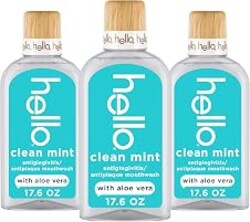 hello Clean Mint Antigingivitis Mouthwash with Aloe, 3 Pack, 17.6 fl oz | Alcohol Free, Fluoride Free, Contains Aloe Vera and Coconut Oil, Farm Grown Mint, Minty Oral Rinse, Vegan, SLS Free, No Dyes