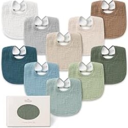 Konssy 10-Pack Muslin Baby Bibs for Drooling and Teething | Soft & Absorbent, Cotton Front with Fleece Backing, Adjustable Fit, Wash Durable, for Boys and Girls Ages 0-36 Months(Green)