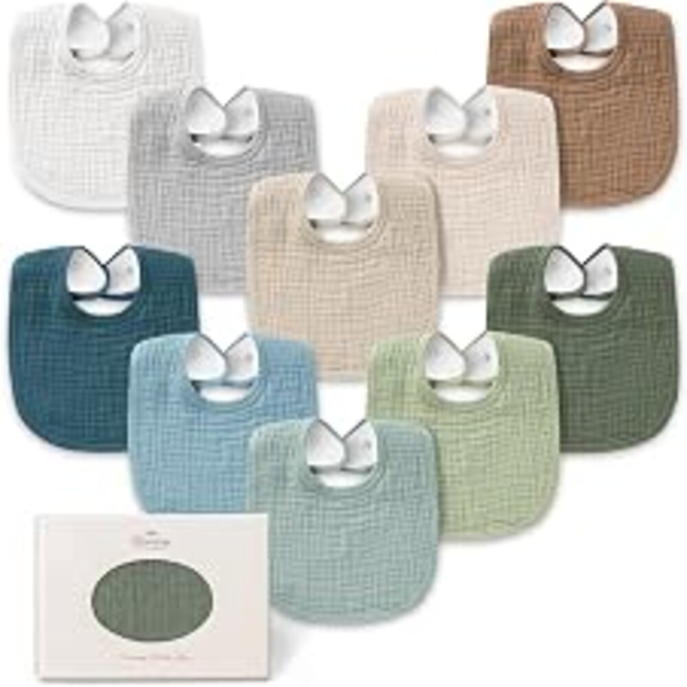 Konssy 10-Pack Muslin Baby Bibs for Drooling and Teething | Soft & Absorbent, Cotton Front with Fleece Backing, Adjustable Fit, Wash Durable, for Boys and Girls Ages 0-36 Months(Green)