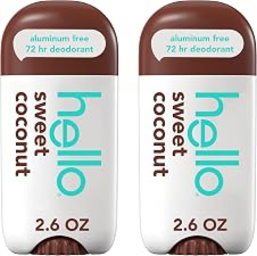 hello Sweet Coconut Aluminum Free Deodorant, 2.6 oz Stick (2 Pack) | 72-Hour Deodorant, Only 9 Ingredients, Baking Soda Free, Enriched with Shea Butter, Vegan, Stick Deodorant