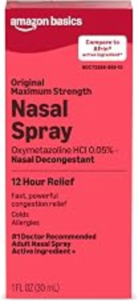 Amazon Basics Maximum Strength 12 Hour Nasal Spray, Oxymetazoline HCl Solution, Congestion Relief, Cold and Allergy Medicine, Decongestant, 1 fl oz (Pack of 1) (Previously Amazon Basic Care)