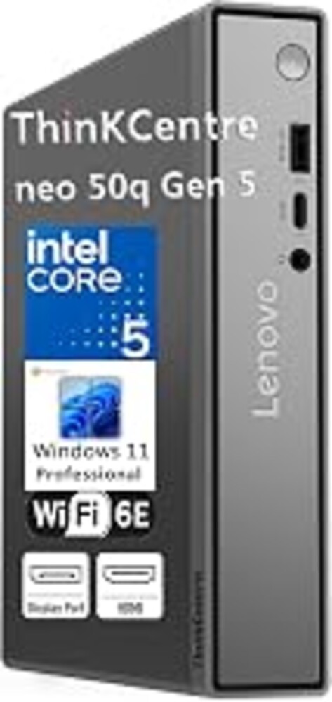 Lenovo ThinkCentre neo 50q Gen 5 1L Mini Desktop, Intel Core 5 210H 8-Core | 8GB DDR5, 512GB SSD, Wi-Fi 6E, Windows 11 Pro, Ultra-compact 1L desktop with dual display support, and enterprise security