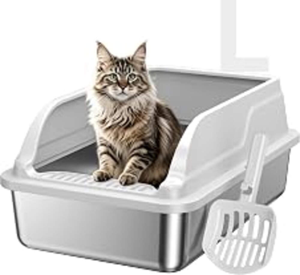 KISENG Stainless Steel Cat Litter Box, Large Odor-Free High-Sides | Low entry for easy access, suitable for senior & all cats, entry grid cleans paws, non-slip rounded edges, scoop included