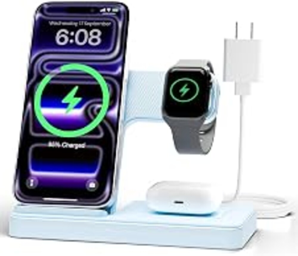 GETPALS Wireless Charger iPhone Charging Station for Apple Multiple Devices | 3 in 1 Charger Stand for iPhone 18 Pro Max 17 17e 16 16e 15 14 13 12 & Watch Series 12-2 SE Ultra & Airpods 5 4 3 Pro, Blue