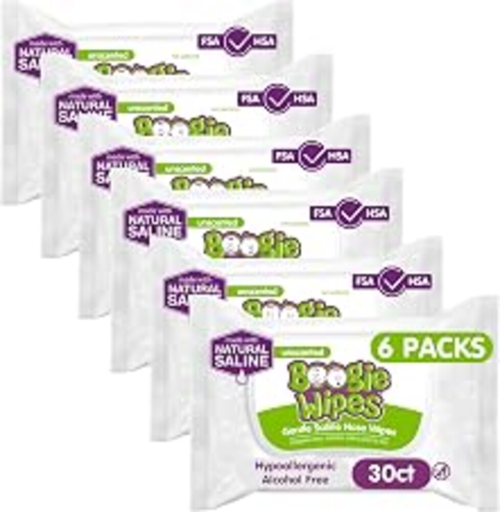 Boogie Wipes Gentle Saline Nose Wipes - 180 Count | Unscented, Hypoallergenic & Alcohol-Free - Made with Natural Saline, Aloe, Chamomile & Vitamin E - Diaper Bag Essential