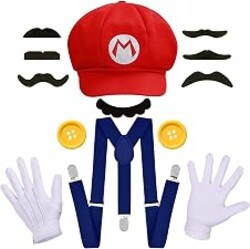 SHUYAOWR Adult Halloween Costume Accessories Set with Red & Green Hats, Suspenders, Gloves, Mustache & Buttons