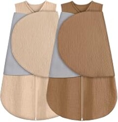 BSTOPPT Newborn Sleep Sack Baby Swaddle,100% Muslin Cotton,3-Way Adjustable Wearable Blanket,Swaddling Sleeping Bag (2, Beige & Khaki, 0-3 Months)