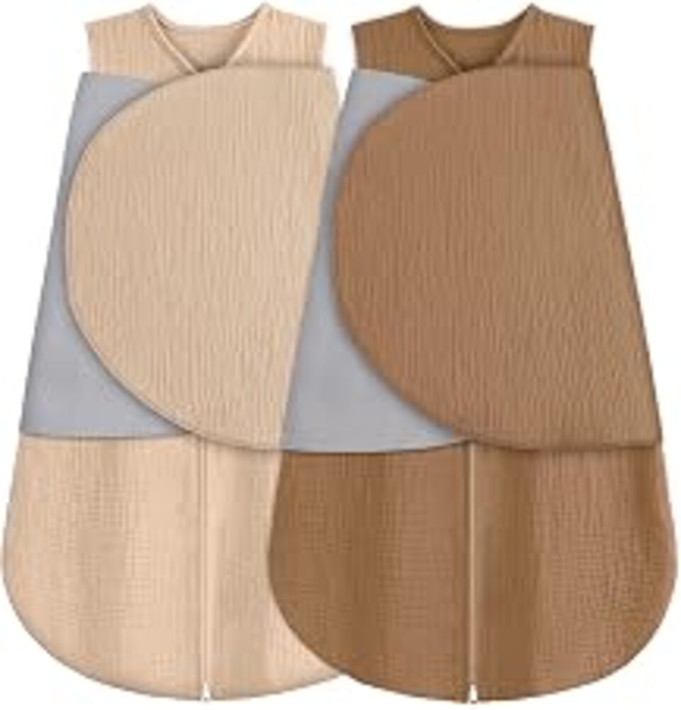 BSTOPPT Newborn Sleep Sack Baby Swaddle,100% Muslin Cotton,3-Way Adjustable Wearable Blanket,Swaddling Sleeping Bag (2, Beige & Khaki, 0-3 Months)