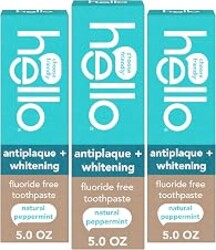 Hello Antiplaque and Whitening Fluoride Free Toothpaste, 3 Pack, 5 oz | Natural Peppermint Flavor, Whitens Teeth, Removes Plaque, No SLS, Peroxide, Artificial Flavors, Dyes, Sweeteners, or Flavors