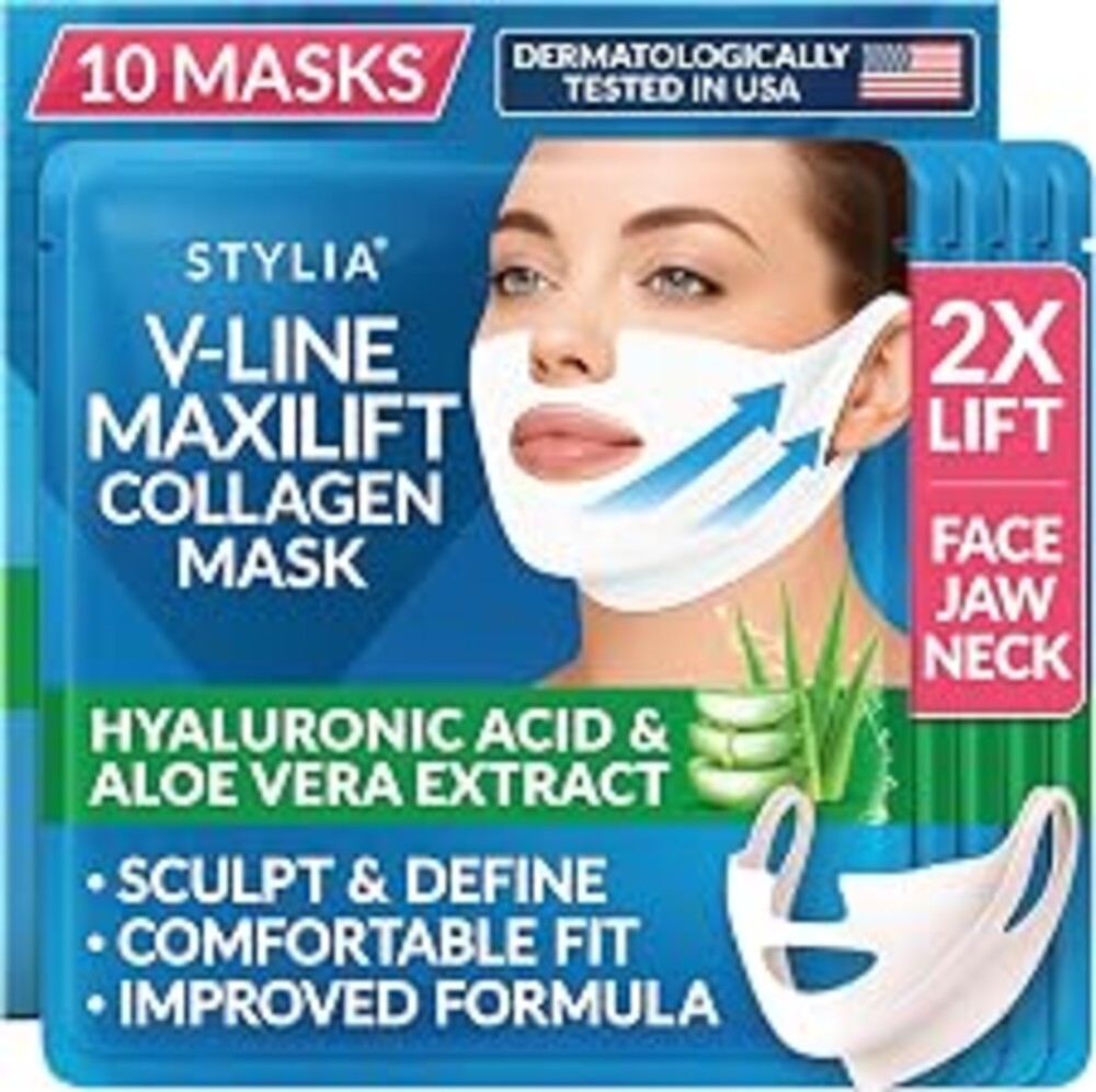 Stylia MaxiLift V-Line Lifting Collagen Face Mask - Double Chin Strap - Jawline Shaper - Neck Firming and Tightening Mask with Hyaluronic Acid & Aloe Vera - Chin Strap for Sleeping (10PC)
