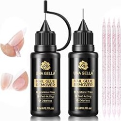UNA GELLA 20ml*2PCS Nail Glue Remover for Press on, Multi-Functional Pinpoint Glue Remover Fast Removal Gentle Non-Acetone with Crystal Sticks for Nails Polish False Acrylic Nail Tips Home DIY