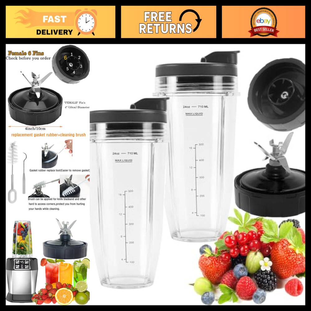 6-Fin Blender Blade Replacement & 2x 24oz Cups for Ninja Auto iQ BL450 BL480D