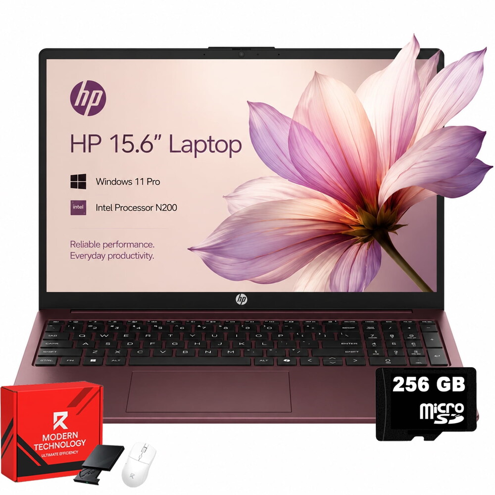 HP 15.6 Laptop, Intel Processor N200, 32GB RAM, 128GB UFS, 256GB SD Card Expansion, 15.6" HD Micro-Edge Screen, 720p HD Privacy Camera, Windows 11 Pro