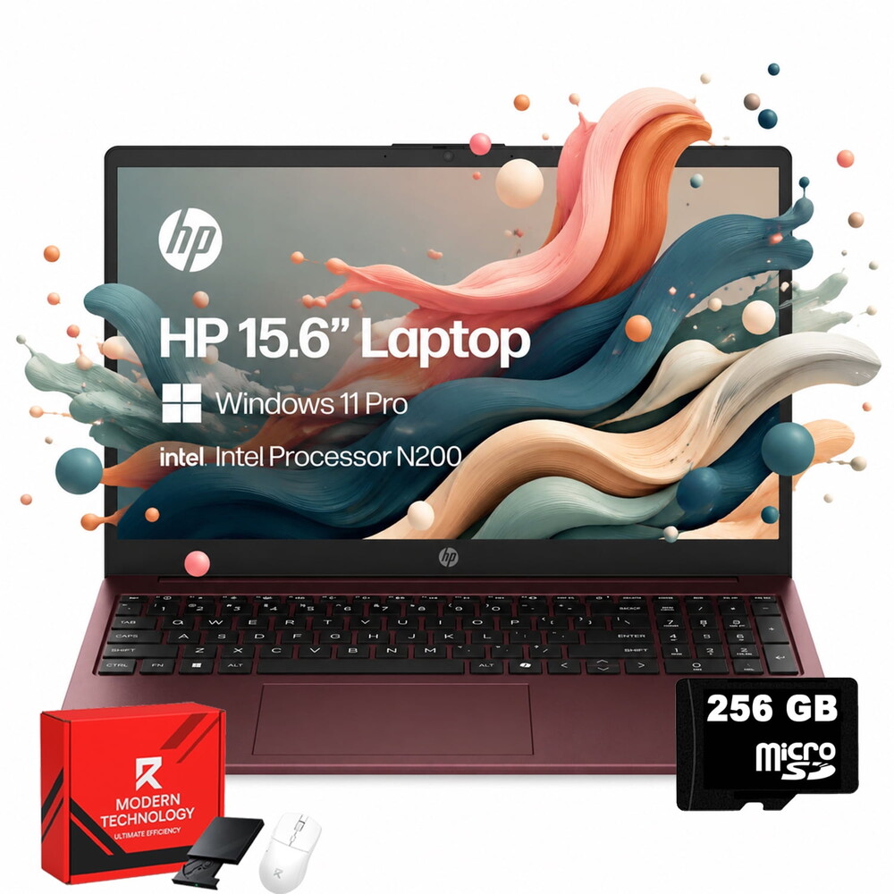 HP 15.6-Inch HD Laptop, Intel N200 CPU, 16GB RAM, 128GB UFS, 256GB SD Card, AI Copilot Key, Wi-Fi, HD Privacy Shutter Camera, Windows 11 Pro