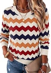 Womens Sweaters Crew Neck Long Sleeve Casual Fall Outfits Fashion Clothing | Fall Tops for Women,Business Casual Outfits,Long Sleeve Shirts,Lightweight,Pullover,Teacher Outfits,Work,Vacation,Striped