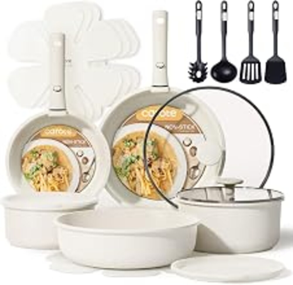 CAROTE 19pcs Pots and Pans Set Non Stick, Detachable Handle Cookware | Kitchen Cooking Sets, Space Saving, Dishwasher & Oven Safe, Non-Toxic, for Camping/RV/Traveling, Cream White