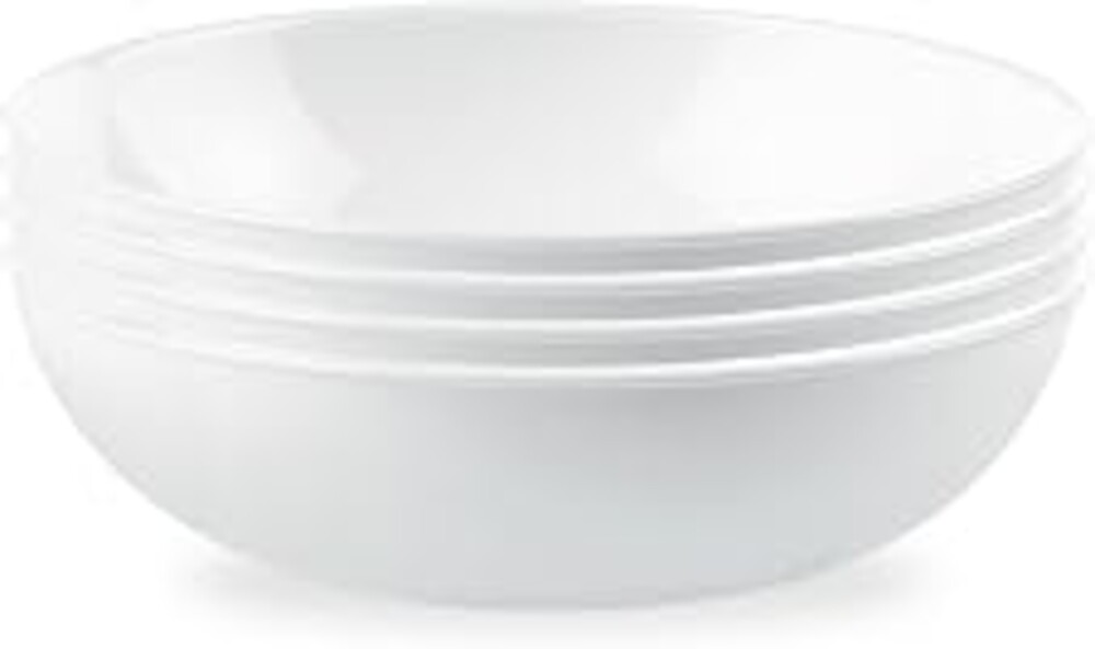 Corelle 4-Pc Meal Bowls Set Service for 4, Durable and Eco-Friendly 9-1/4-Inch Glass Bowls, Compact Stack Bowl Set, Microwave and Dishwasher Safe, White, 46 Ounces