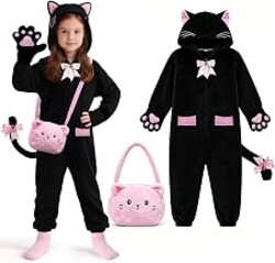Kids Cat Costumes, Black Cat Costume for Girls with Cute Kitty Purse | Cat Ear Hood, Soft Tail, Paw Mittens, Bell Bows & Pink Kitty Purse for Halloween Dress-Up