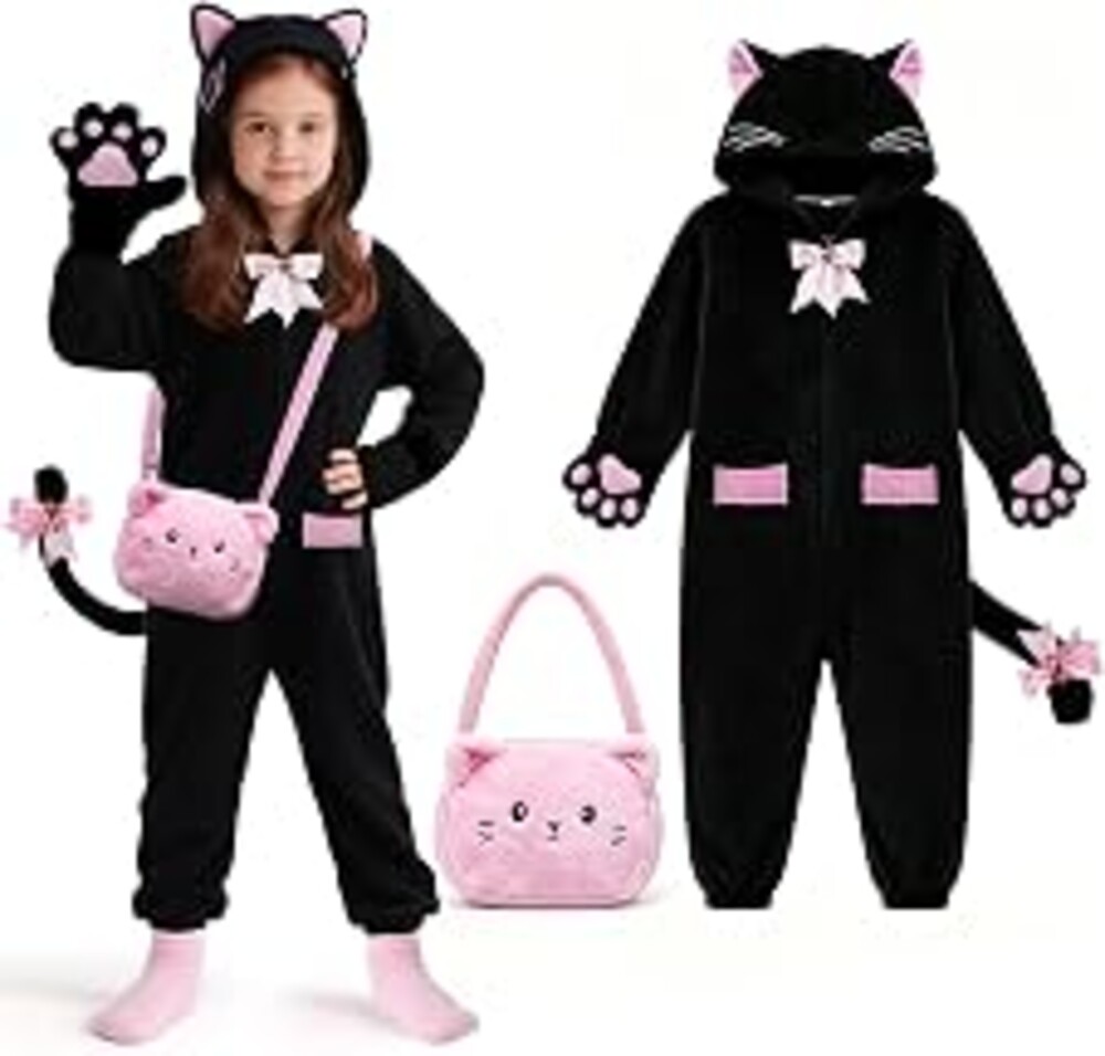 Kids Cat Costumes, Black Cat Costume for Girls with Cute Kitty Purse | Cat Ear Hood, Soft Tail, Paw Mittens, Bell Bows & Pink Kitty Purse for Halloween Dress-Up