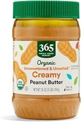 365 by Whole Foods Market, Organic Creamy Peanut Butter, Unsweetened & Unsalted, Stir and Enjoy, 16 Ounce