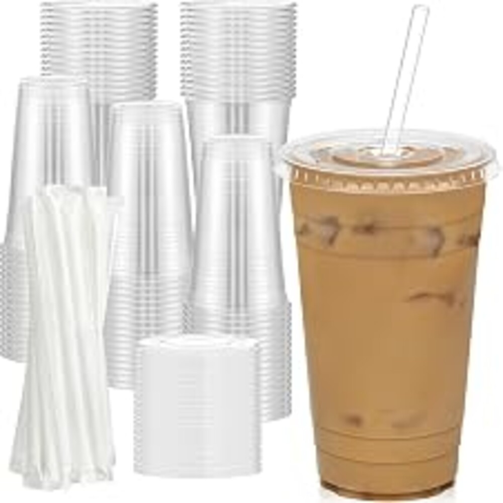 Dealusy 100 Pack - 24 oz Clear Plastic Cups with Lids and Straws | Sturdy & Food Safe Iced Coffee Cups with lids, Disposable Plastic Smoothie Cups for Cold Drinks