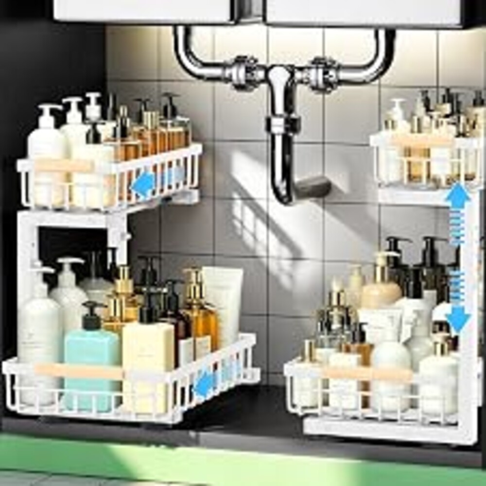 GeeBom Under Sink Organizer 2 Pack, Double Slide Out Metal Shelf, White | Pull Out Kitchen Storage Cabinet Organizer, 2-Tier Under Sink Storage Rack for Bathroom Laundry Kitchen Storage with Drawer