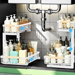 GeeBom Under Sink Organizer 2 Pack, Double Slide Out Metal Shelf, White | Pull Out Kitchen Storage Cabinet Organizer, 2-Tier Under Sink Storage Rack for Bathroom Laundry Kitchen Storage with Drawer