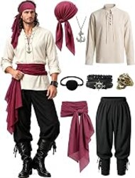 Men's Pirate Costume Renaissance Outfit with Lace-Up Shirt, Pants and Sash | 8-piece pirate costume with Renaissance and medieval styling for Halloween, Ren Faires, pirate festivals and parties