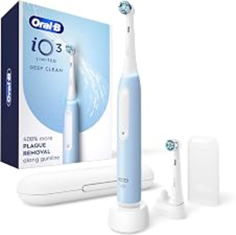 Oral-B Rechargeable Electric Toothbrush, iO3 Limited Deep Clean, 3 Cleaning Modes, Visual Pressure Sensor to Protect Gums, 2 Brush Heads, Travel Case, ICY Blue