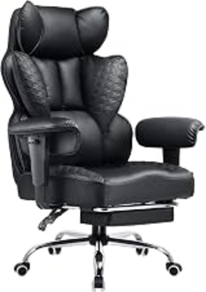 COMHOMA Big and Tall Office Chair Heavy Duty Wide Ergonomic Gaming Chair with Deluxe Embossing Designed Leather with Foot Rest, 145°Reclining Adjustable Armrests Pocket Spring Back Support and Pillow