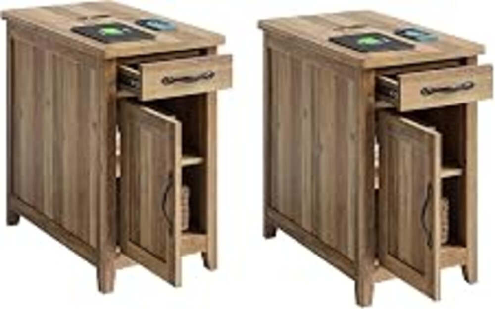 LINSY HOME Set of 2 Charging End Tables with USB Ports, Wooden Door, Brown | Built-in Charging station with USB & outlet, drawer storage, detachable cup holder, farmhouse, compact, living/bedroom