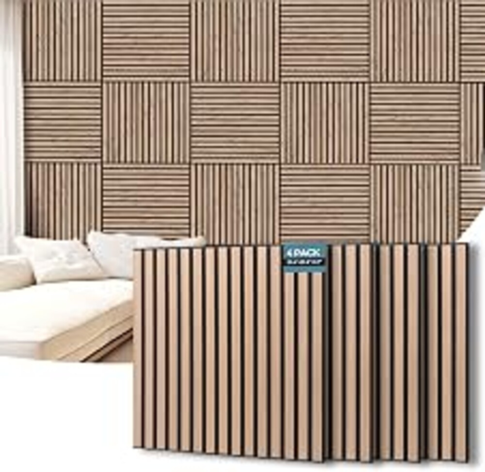 AKUMAX Extra-Thick 0.7" Wood Slat Acoustic Wall Panels, 4 Pack 23.6" x 23.6", NRC 0.80 Sound Absorbing, Fire-Retardant, FSC-Certified, for Home Office, Studio & Living Room, Walnut