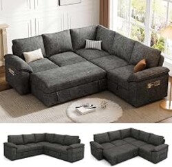 85'' Modular Sectional Sofa with Pull Out Bed, Sleeper Sofa, Dark Gray | L Shaped 5 Seat Sectional Couches for Living Room, Cloud Modular Couch with Storage, Pull Out Couch, Removable Sofa Cover
