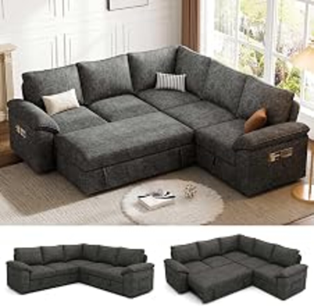 85'' Modular Sectional Sofa with Pull Out Bed, Sleeper Sofa, Dark Gray | L Shaped 5 Seat Sectional Couches for Living Room, Cloud Modular Couch with Storage, Pull Out Couch, Removable Sofa Cover