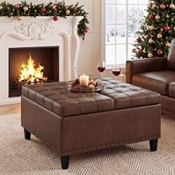 FiveWillowise 31.5 Inch Large Square Ottoman with Storage,Faux Leather | Coffee Table Storage Ottoman Bench with Lift Top Upholstered Footrest Stool Toy Box for Bedroom Living Room,Brown