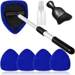 Qydipclin 7pcs Windshield Cleaner Tool Car Interior Window Cleaning Kit | 4 Reusable Microfiber Pads 1 Spray Bottle 1 Soft Brush and Extendable Handle Auto Glass Wiper Kit, Blue