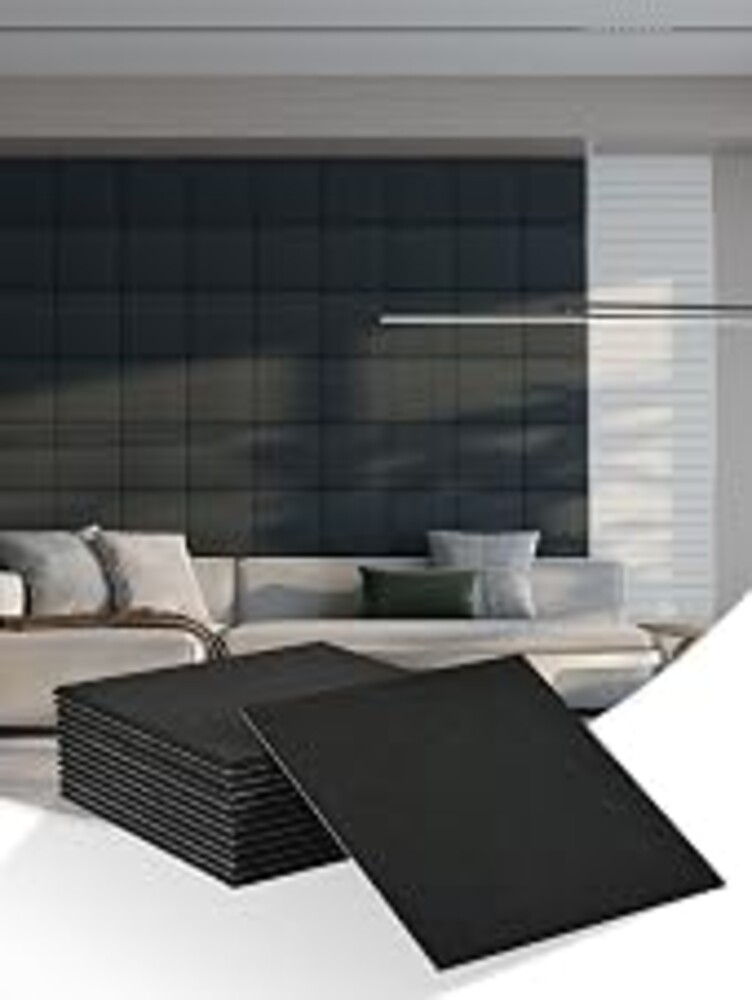 AKUMAX 12 Pack Acoustic Wall Panels, 11.8 x 11.8 x 0.4 in Peel-and-Stick PET Felt Sound Absorbing Panels, 12 Sq Ft Decorative Echo Reducing Wall Tiles for Home Office, Studio and Bedroom, Black