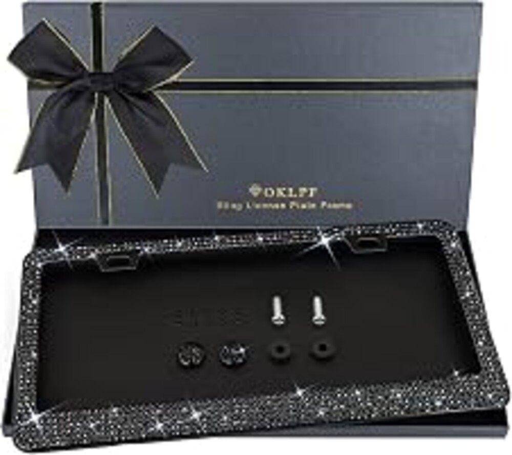 Bling License Plate Frame for Women, 1PCS Sparkly License Plate Frames| Over 1200 pcs 14 Facets Bedazzled Clear Glass Rhinestone Crystals w/Free Glitter Diamond Box (Black)