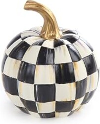 MACKENZIE-CHILDS Resin Pumpkin, Mini, Black-and-White Courtly Check | Hand-painted design, decorative fall, Halloween, and Thanksgiving figurine, 5" dia. x 6" H