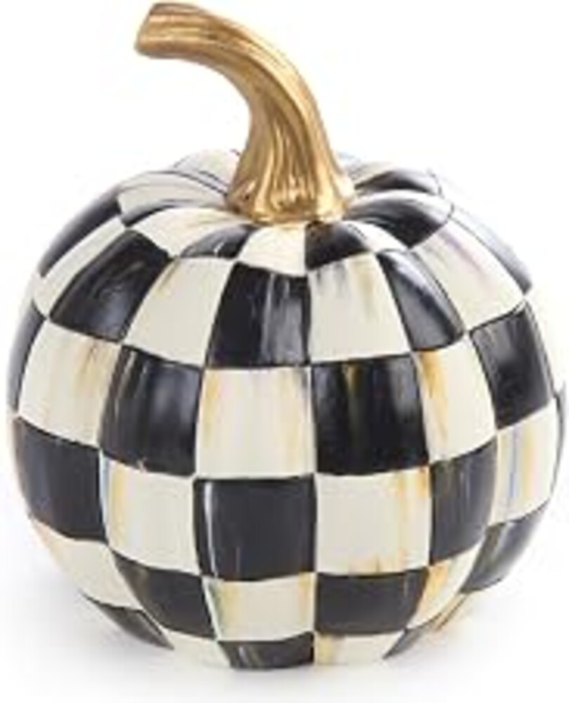 MACKENZIE-CHILDS Resin Pumpkin, Mini, Black-and-White Courtly Check | Hand-painted design, decorative fall, Halloween, and Thanksgiving figurine, 5" dia. x 6" H