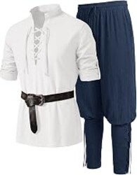 Runcati Mens Pirate Renaissance Medieval Viking 2‑Piece Costume Set | Lace Up Shirt, Ankle Banded Pants, Ren Faire Costume, Halloween Cosplay Outfit,No Belt