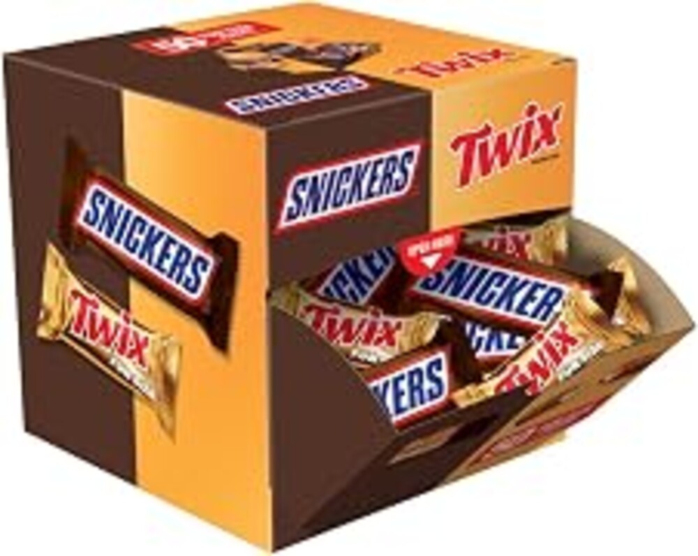 SNICKERS & TWIX Candy Fun Size Chocolate Bar Bulk Dispenser Box 30Oz, 50 Ct | Easy snacking candy variety pack snack box, individually wrapped candy, convenient dispenser, easy open and close pantry cube