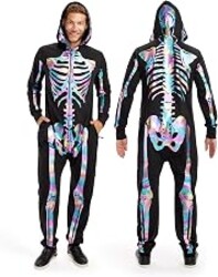 Tipsy Elves Men's Halloween Skeleton Costume Hooded Jumpsuit Adult Onesie | Front and Back Print, Mesh Eyehole Hood, Hidden Front Zipper, Convenient Pockets, Premium Construction